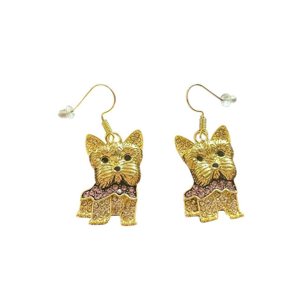 Gold Dog Drop Earrings with Rhinestone Accents